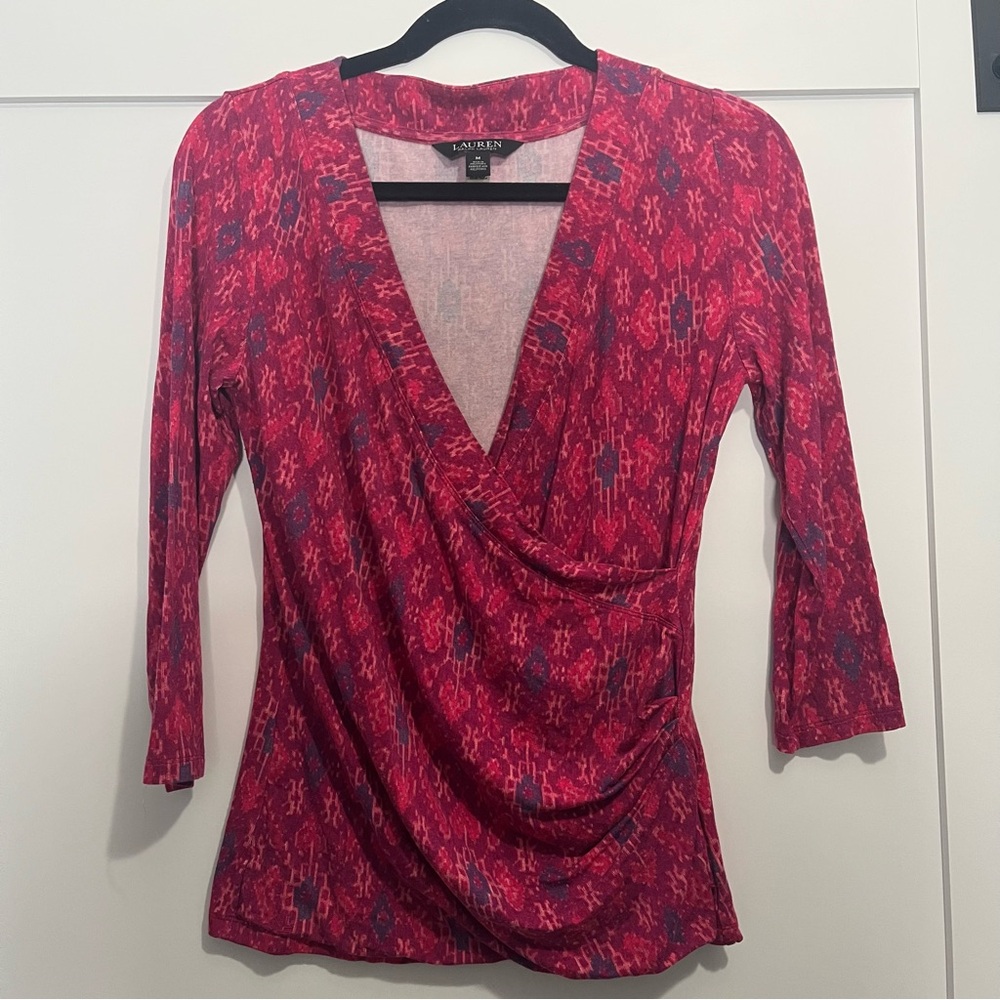 Lauren Ralph Lauren 3/4 Sleeve Wrap Pink/Purple Pattern Womens Medium Shirt